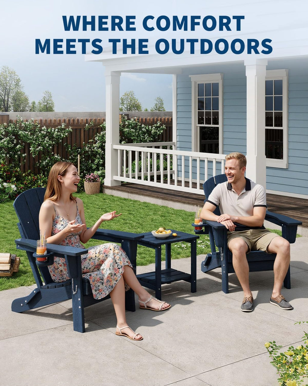 HDPE Folding Adirondack Chair Set of 2 with Side Table, Navy Blue