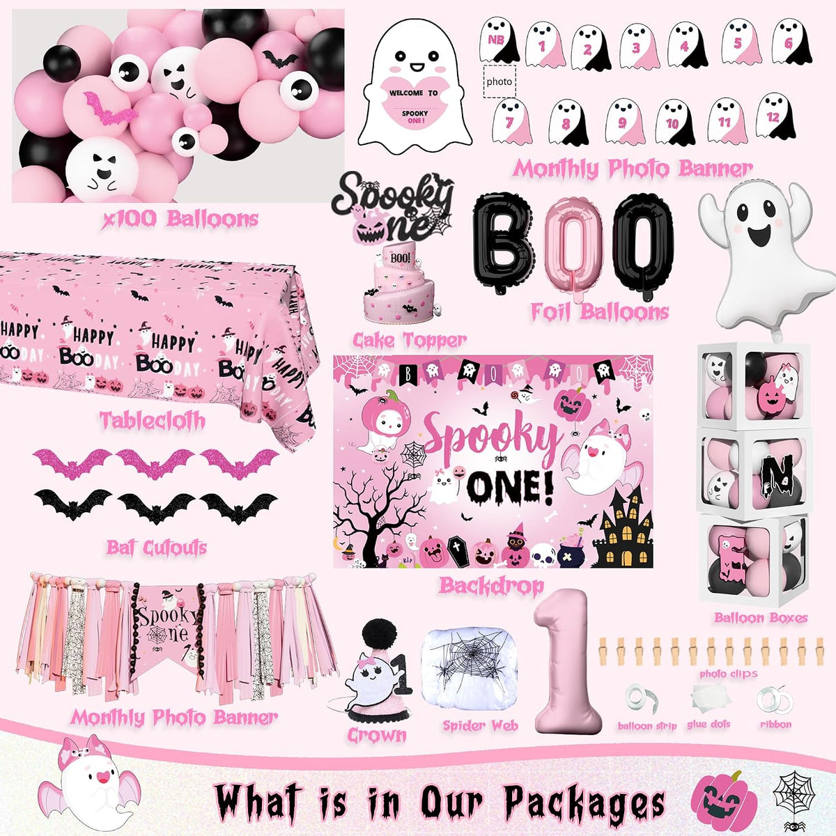 Halloween 1st Birthday Party Decorations,Spooky One Birthday Supplies Decor (Pink)