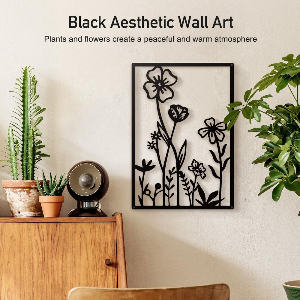 Black Metal Botanical Wall Art, Boho Farmhouse Flower Bathroom Wall Decor