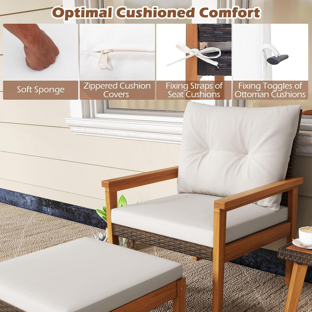 Tangkula 5 Piece Rattan Furniture Set, Wood Frame Chairs & Ottomans w/Squ...