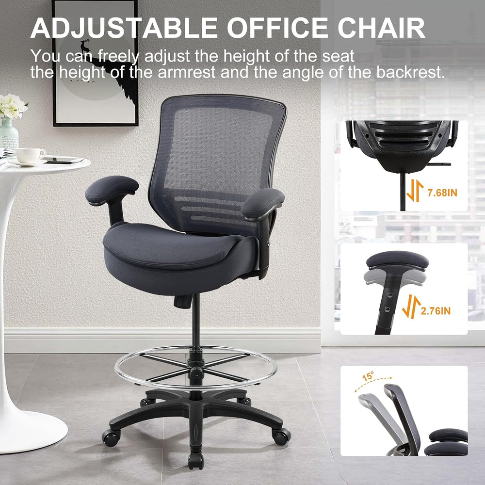 400lbs Wide Mid-Back Office Drafting Chair with Extra Seat Cushion for High S...