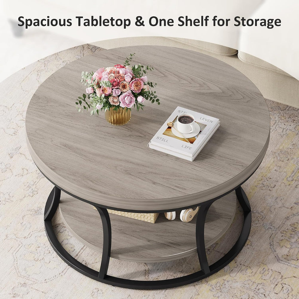 Round Coffee Table with Storage, Gray Brown/Black