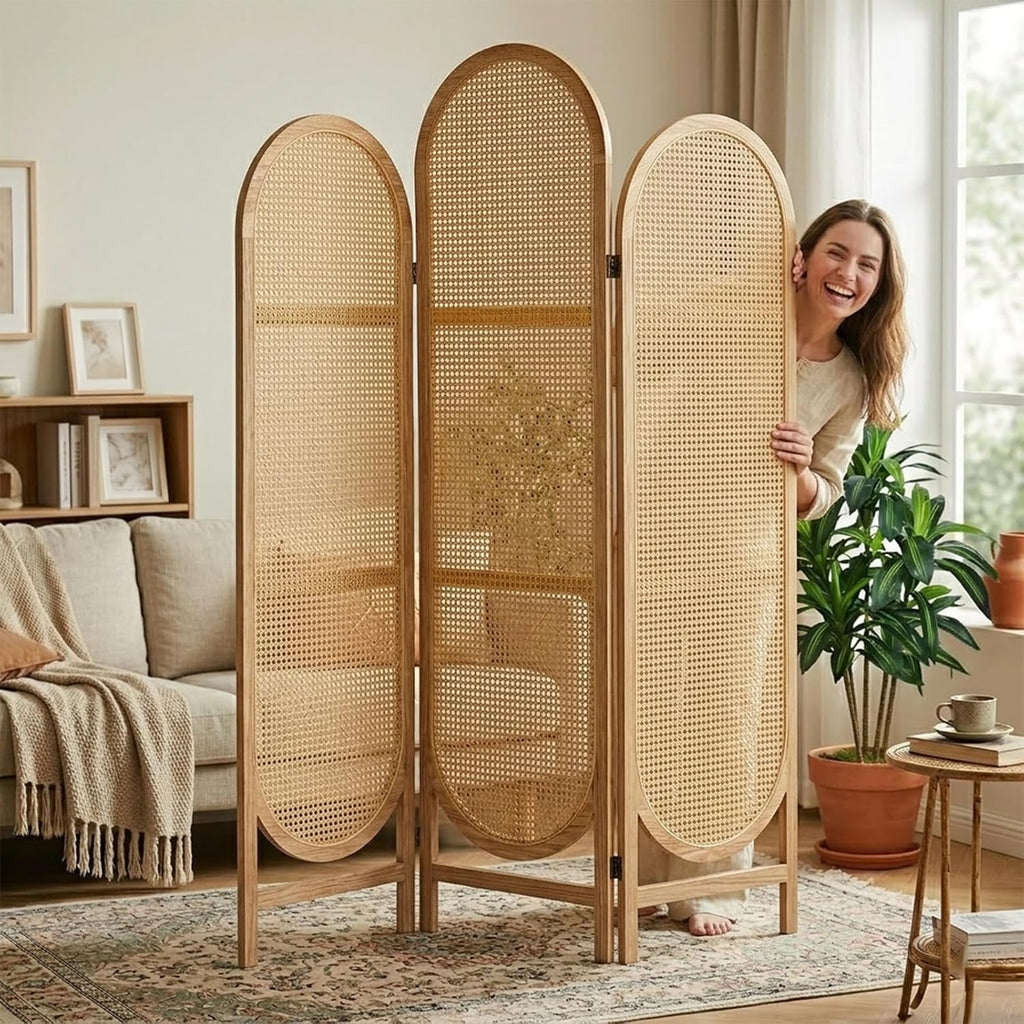 3 Panel Rattan Room Divider Screen, Boho Folding Privacy Screen