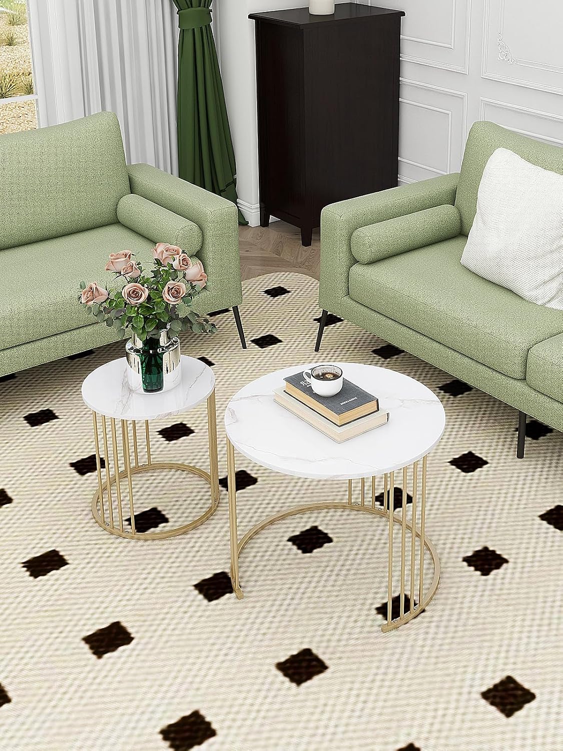 Nesting Coffee Table Set of 2, Round Table, Morden End Side Table Night Stand for Bedroom Dining Room (Marble White)