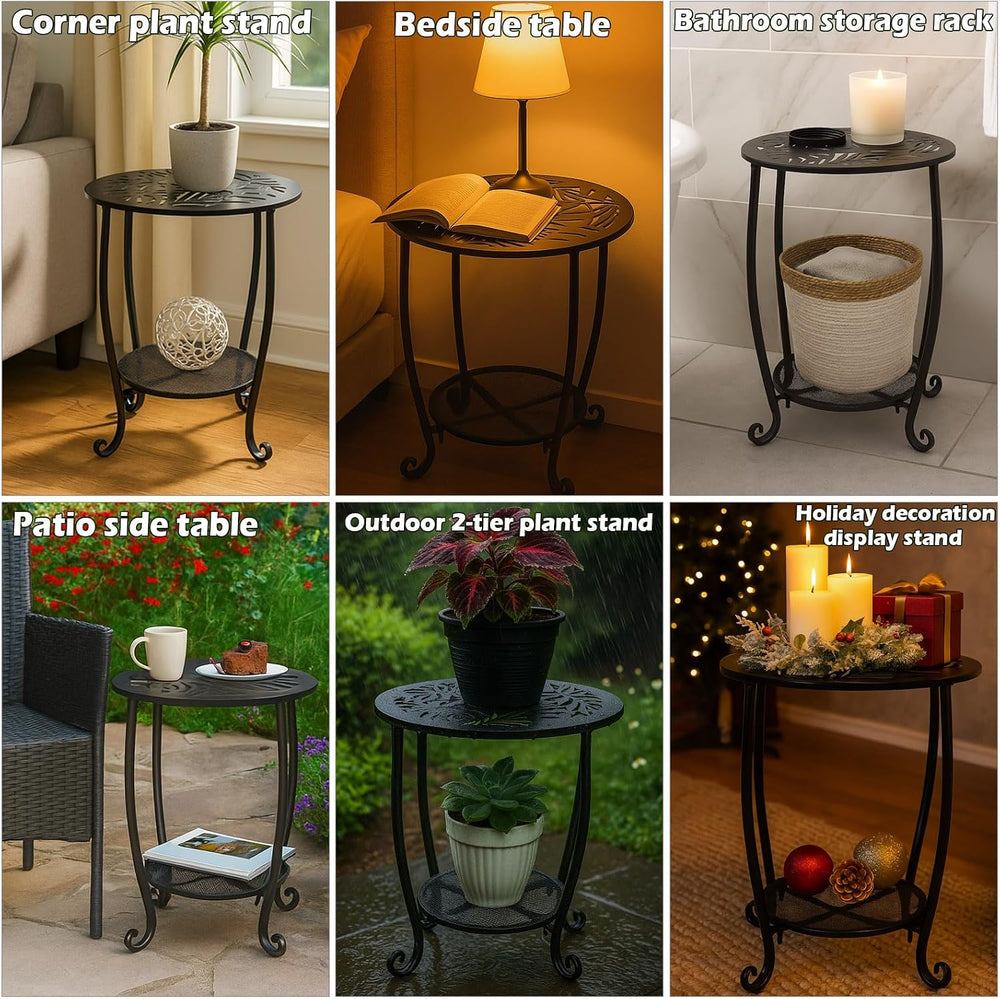 2-Tier Metal Round Side Table Set of Two Black Accent Coffee Tables Small Spa...