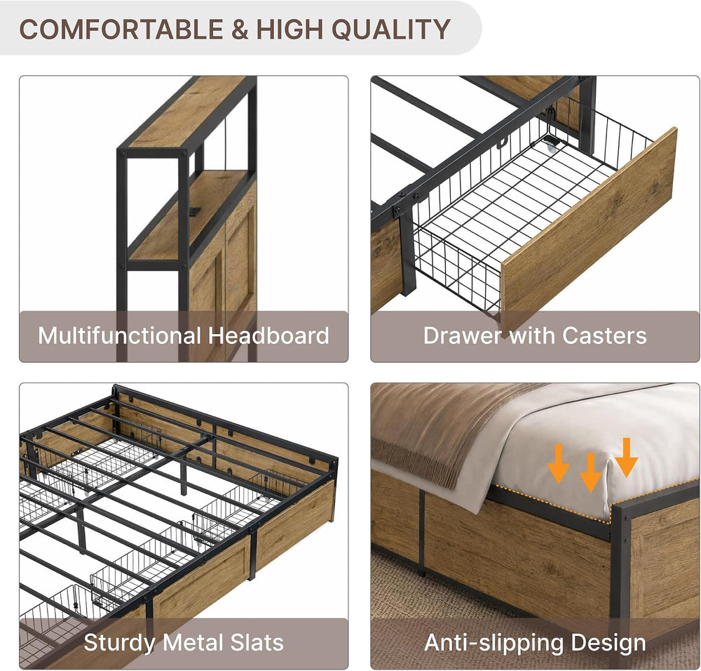 KISLOT 3PCS Bedroom Set with Storage, Industrial Bed Frame, Natural, King