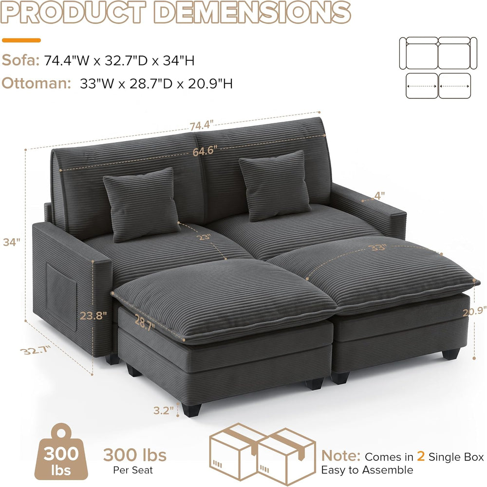 74" Cloud Loveseat with 2 Movable Ottoman, Deep Seat Modular Sectional Sofa