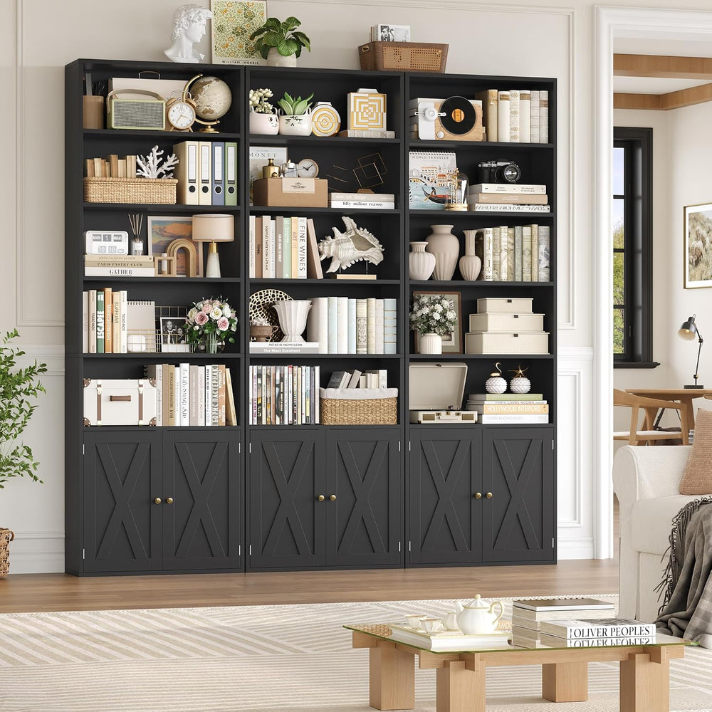 FACBOTALL 82" Tall Bookcase, Farmhouse Bookshelf with Doors, Black