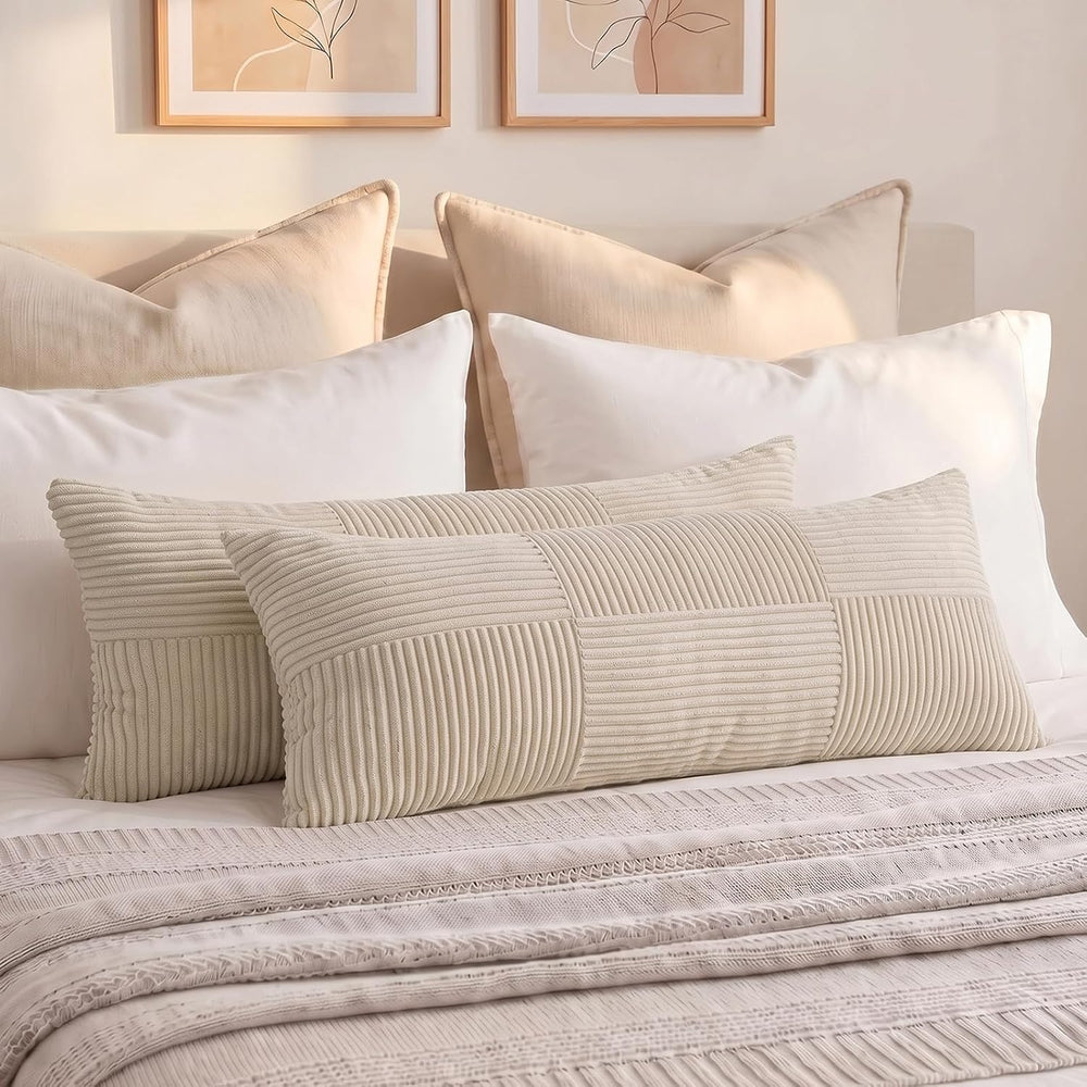 Fancy Homi Set of 2 Tan Boho Long Lumbar Body Decorative Throw Pillow Cover 1...