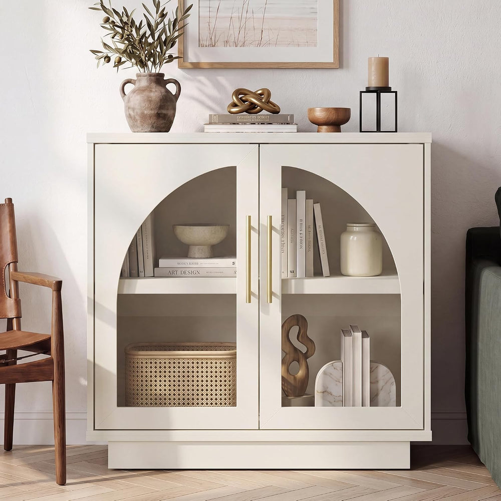 31.5" Accent Arched Glass Doors Sideboard cabinet 1-Piece, Beige(Not White)
