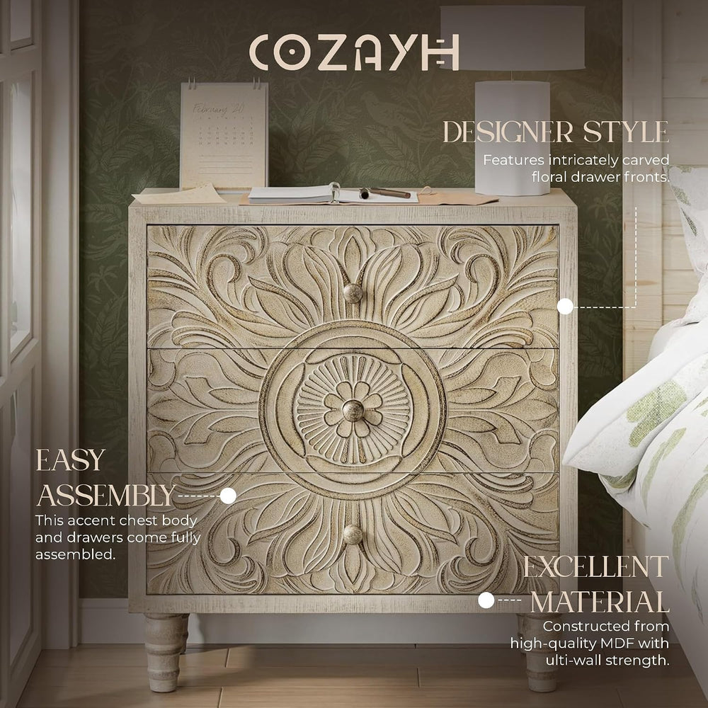 COZAYH 3-Drawer Bedroom Dresser with Carved Floral Front, Distressed Weathere...
