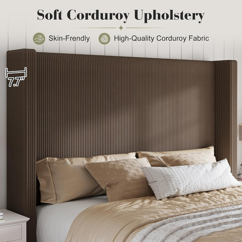 HOWE Upholstered King Size Bed Frame with 61" Wingback Headboard, Chestnut
