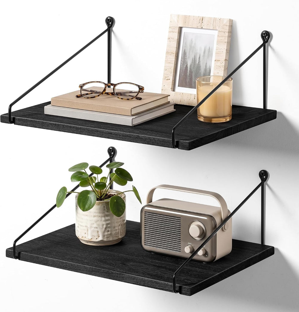 Afuly 12 inch Deep Floating Shelves for Wall, Black Wide Shelf, Solid Wood