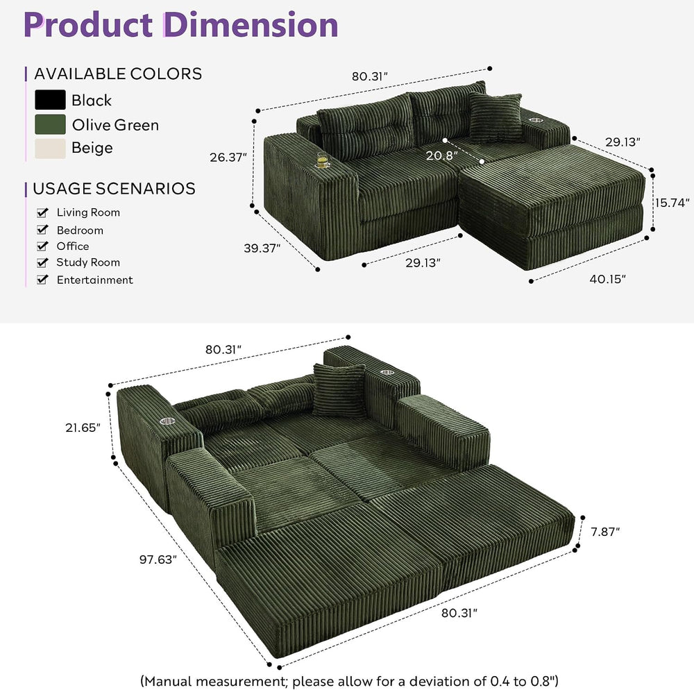 80.31“ Modular Sectional Cloud Couch, Boneless Loveseat with Ottoman, Green