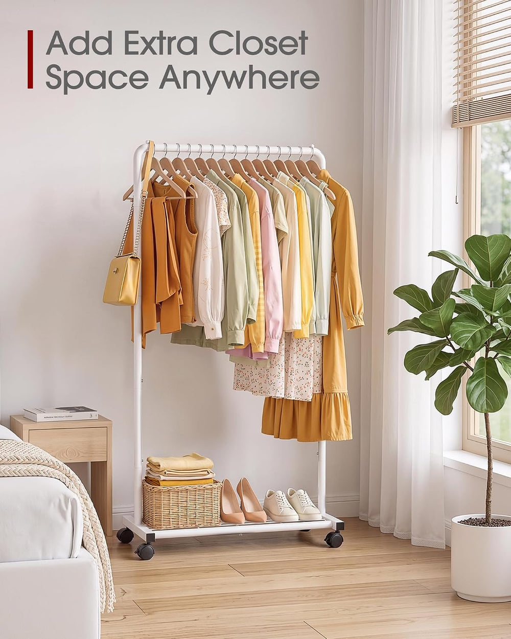 Sakugi Clothes Rack - Clothing Rack with Storage Mesh Shelf & Casters, He...