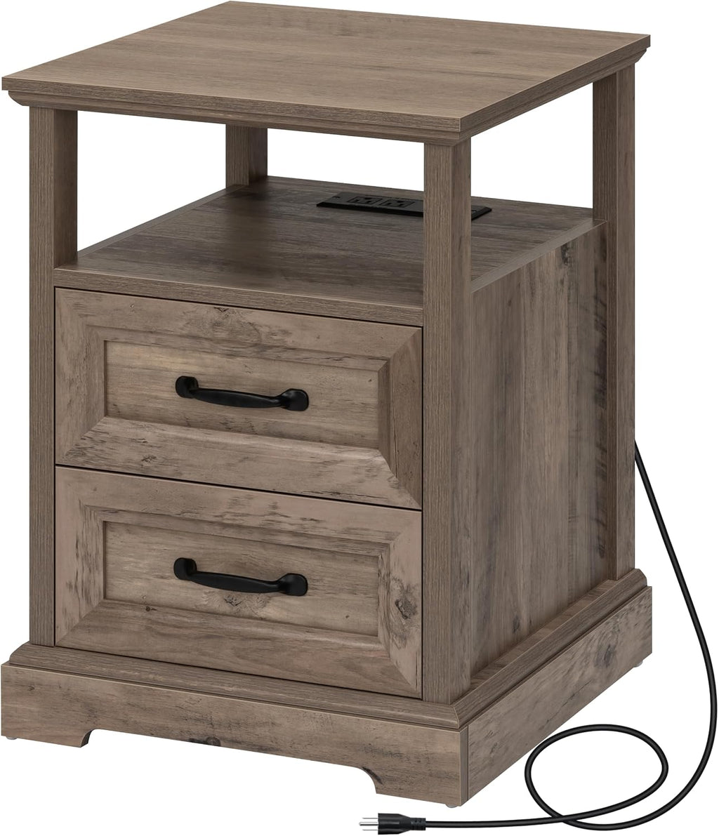 HOMMPA 18'' W Farmhouse Nightstand with Charging Station, Bedside Tables with Open Shelf, 2 Drawers End Table Dresser Side Table, Wood Night Stand for Bedroom, Rustic Greige