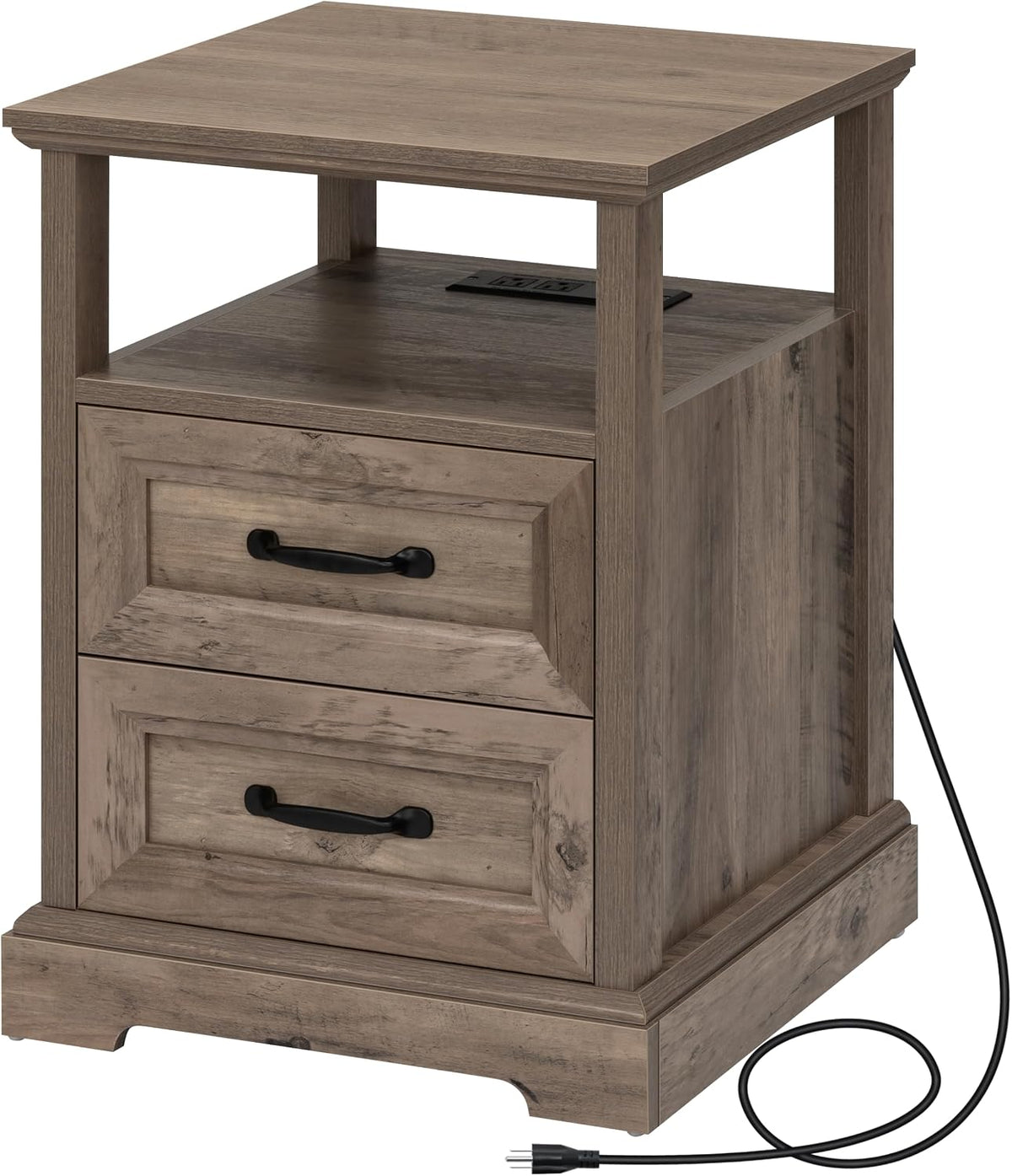 HOMMPA 18'' W Farmhouse Nightstand with Charging Station, Bedside Tables with Open Shelf, 2 Drawers End Table Dresser Side Table, Wood Night Stand for Bedroom, Rustic Greige