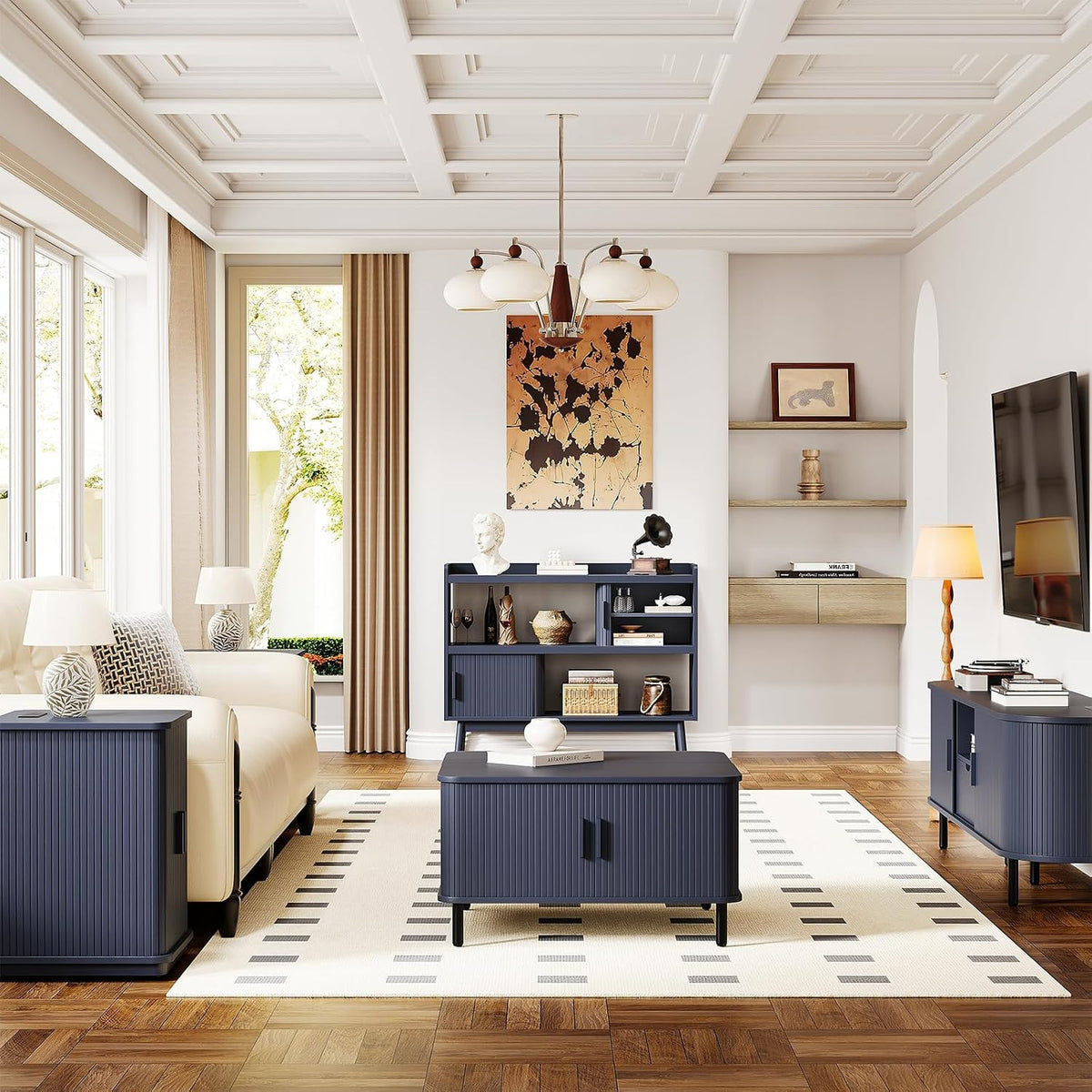ONBRILL 44" Sideboard Buffet Cabinet with Outlet & Sliding Door, Blue