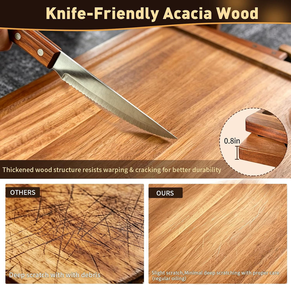 Acacia Wooden Steak Plate Board Set with Knife Fork & Sauce Cups 2 Set Pack