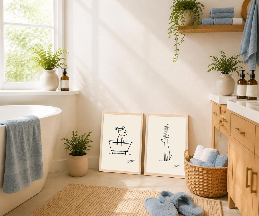 Framed Funny Dog Bathroom Wall Art Black and White Line Art Poster Print, Abs...