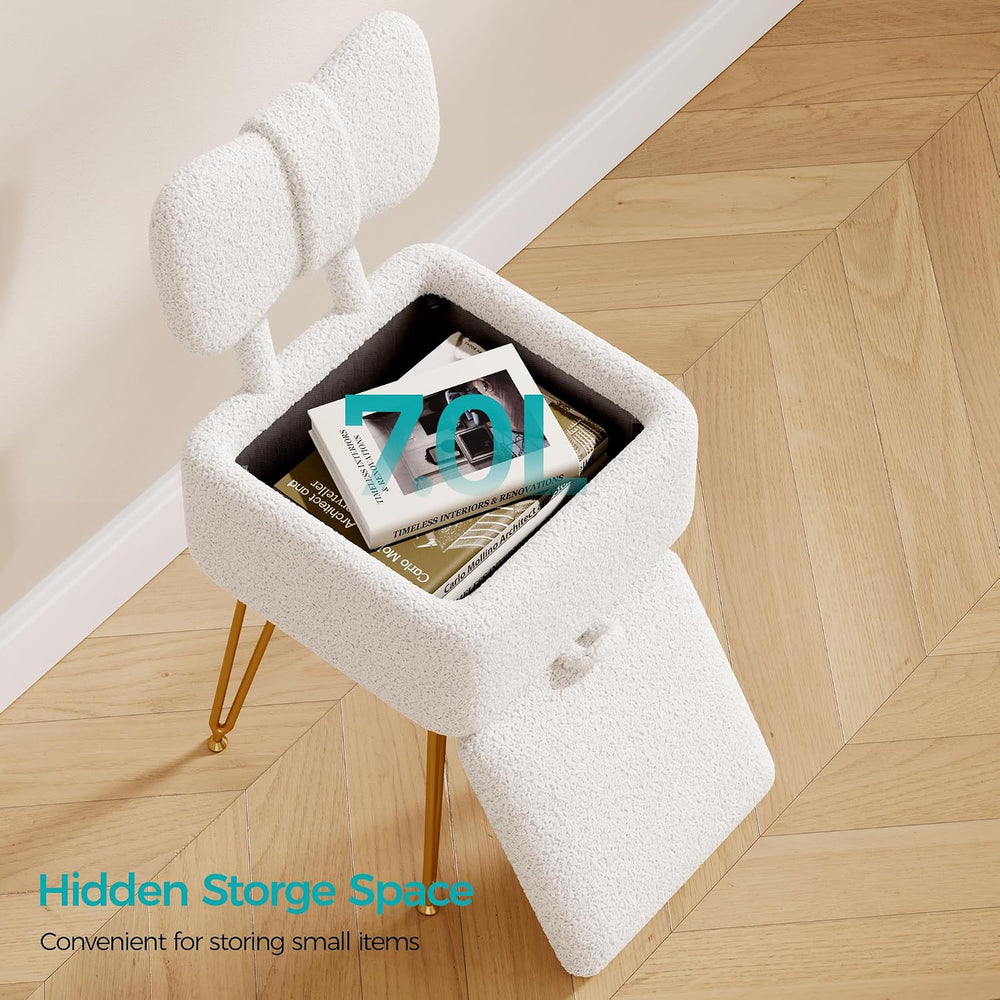 Small Vanity Stool Chair with Storage and Foldable Back, White