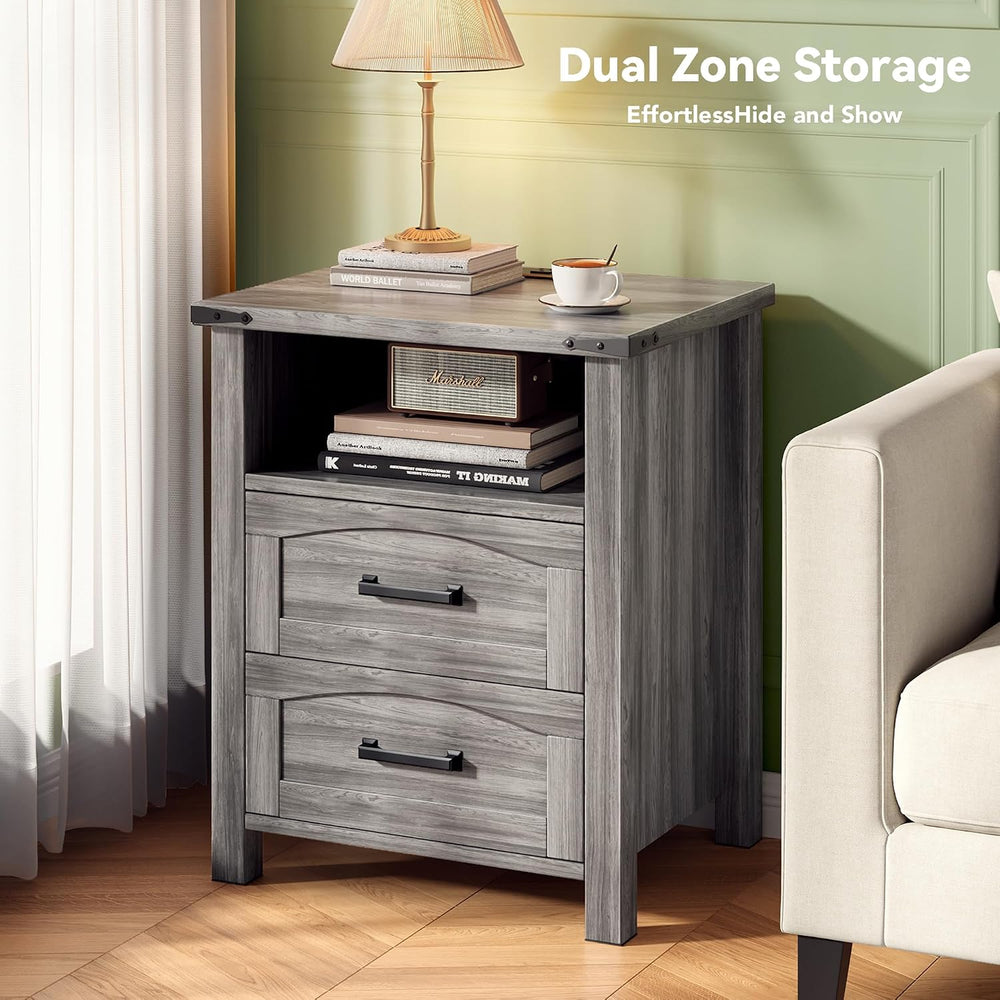 Decofy Farmhouse Nightstand Set of 2 with Charging Station, 2 Drawers