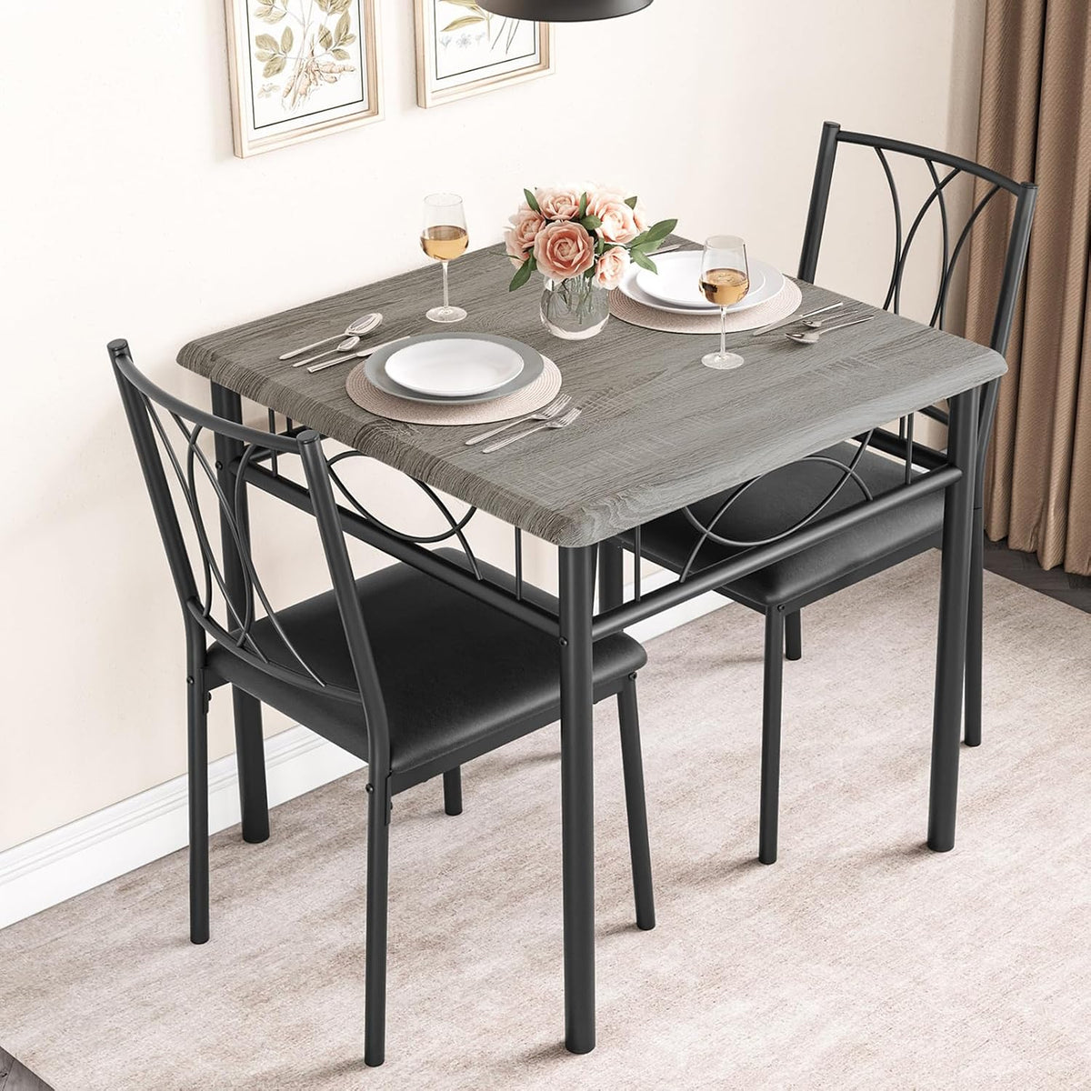 IDEALHOUSE Dining Table Set for 2, Square Dinner Table Sets with 2 Upholstered Chairs, Small Kitchen Table and Chairs for 2, Corner Dining Room Table Set for Apartment, Small Space, Dinner, Retro Gray
