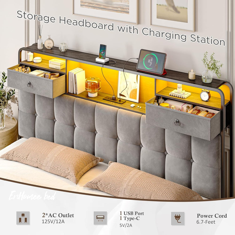 EnHomee King Bed Frame with 6 Drawers and Velvet Storage Headboard,Grey