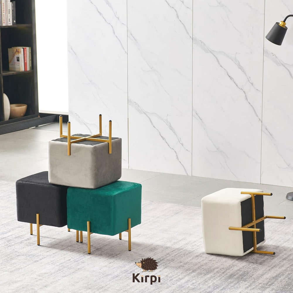 Kirpi Cream Velvet Foot Stool Set of 2, Modern Vanity Ottoman Stools with Gol...