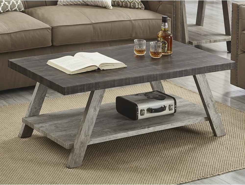 Roundhill Furniture Athens Contemporary Wood Shelf Coffee Table, Weathered Wa...