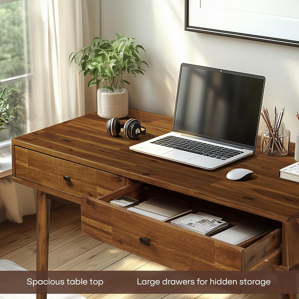 Acacia Lagom 48" Solid Wood Work Desk with Drawers, Home Office Desk Off...