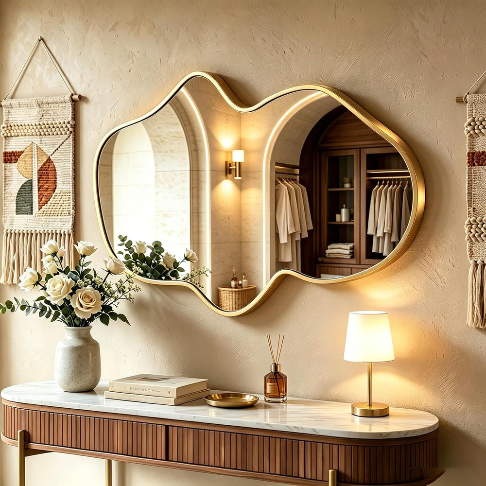 Irregular Wall Mirror, Asymmetrical Gold Bathroom Wavy Mirror