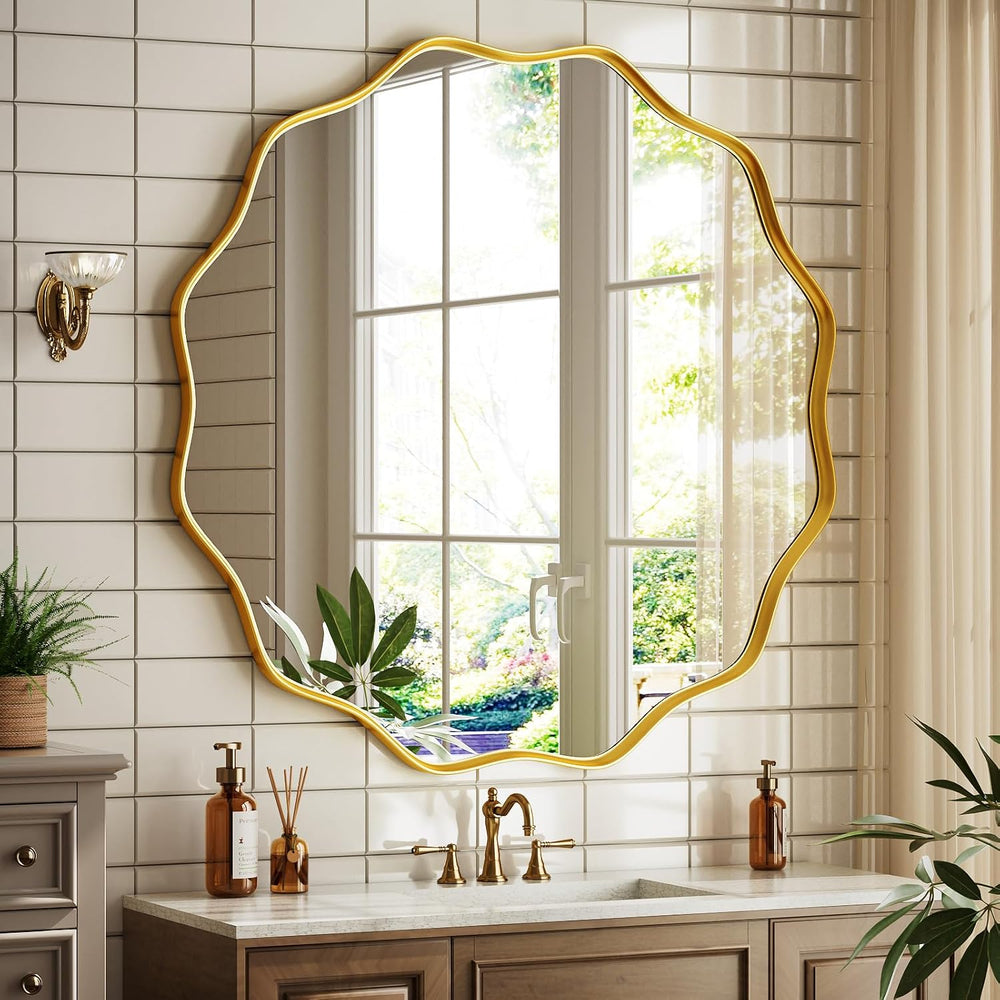 Gold Scalloped Circle Mirror, 42" Wavy Edge Round Wall Mirror