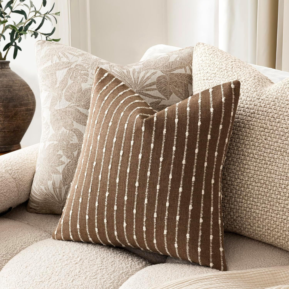 Foindtower Decorative Striped Boucle Throw Pillow Covers 22x22 Inch Brown