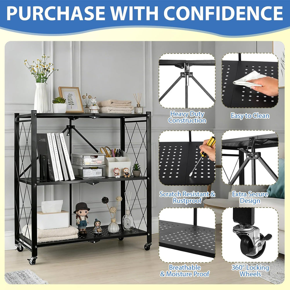 3-Tier Foldable Storage Shelf with Wheels, Metal Collapsible Shelving Unit, R...