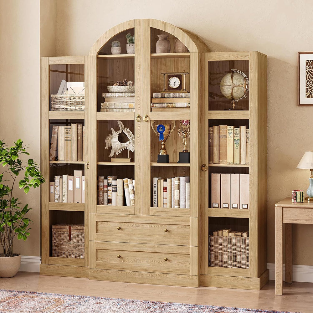 72.4" Tall Farmhouse Display Cabinet with Glass Doors, Natural