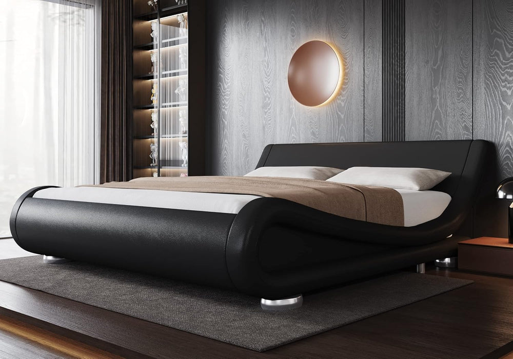 Allewie Queen Upholstered Sleigh Bed Frame with Adjustable Headboard, Black