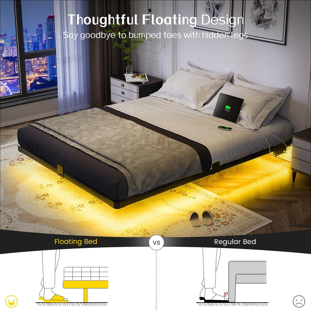 OLEVS Floating Bed Frame Queen Size Metal with LED Light & Charging Station