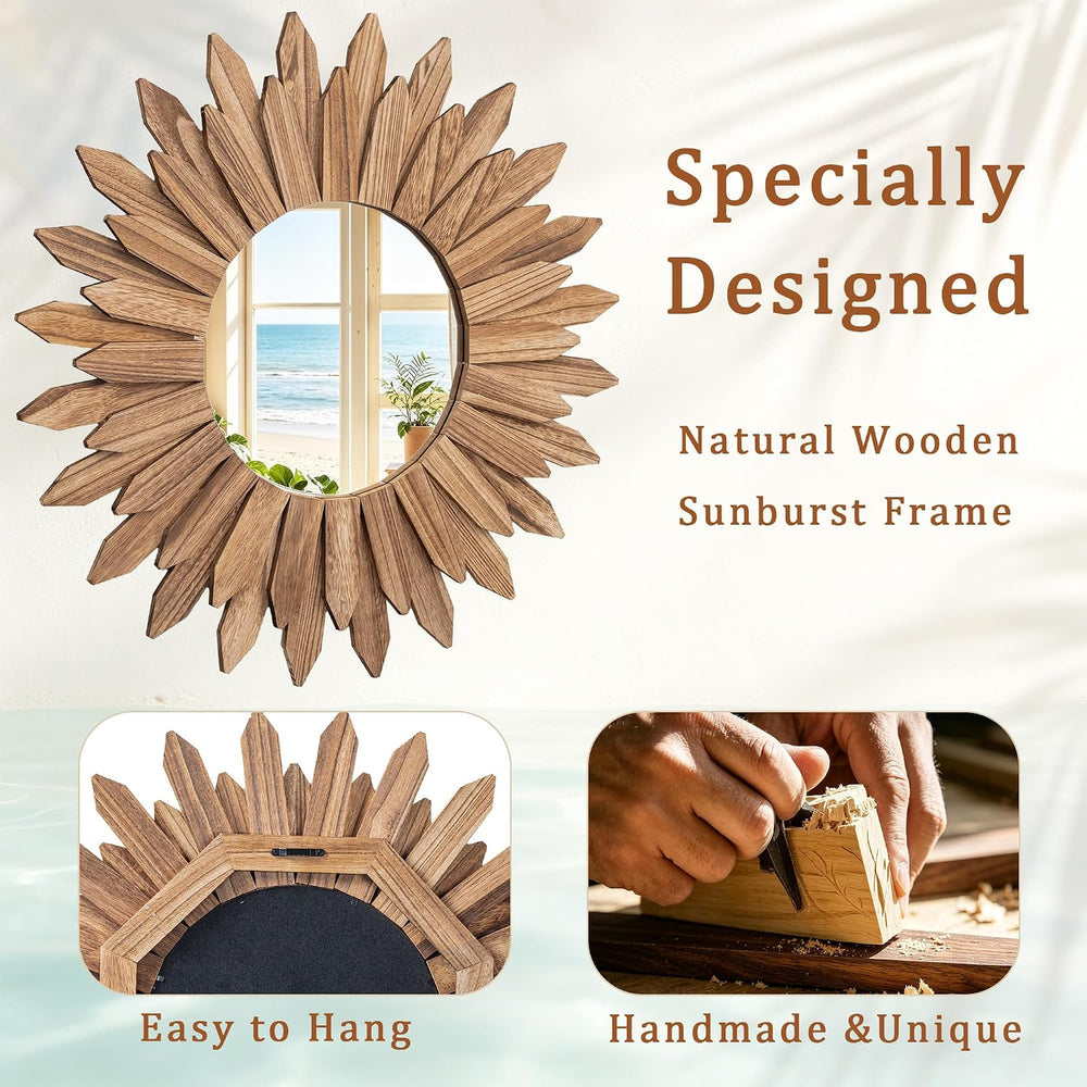 Honiway Boho Wall Decor 24 inch Rustic Wood Sunburst Boho Wall Mirror Farmhou...
