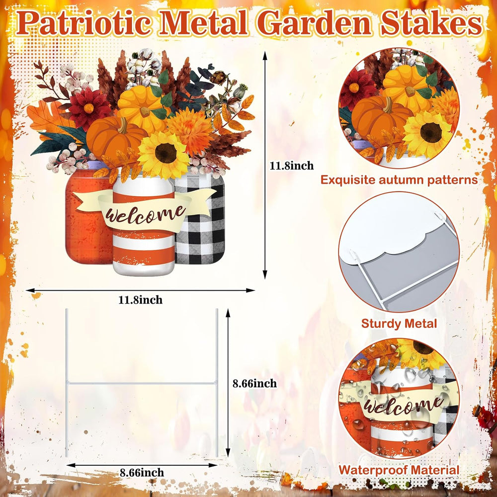 Yookeer Fall Decoration Outdoor Metal Pumpkin Fall Leaf Sign with Stakes