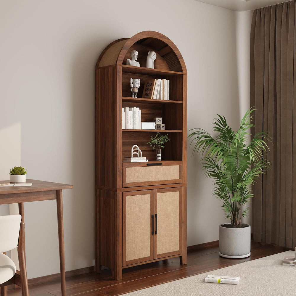 Janmer Home 79" Tall Arched Bookcase Cabinet with Doors, Walnut,Rattan