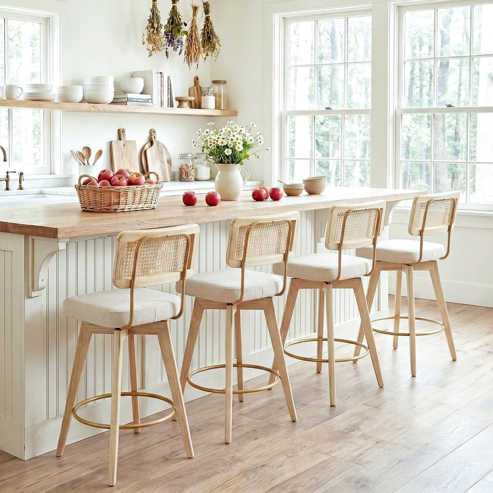 26" Swivel Boho Bar Stools Set of 4, Solid Wood, Rattan, Beige