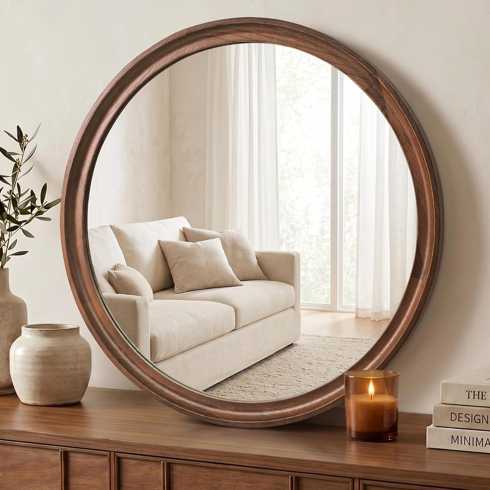 FICTOR Round Wood Mirror, 26" Circle Mirrors for Wall Decor, Walnut Brown