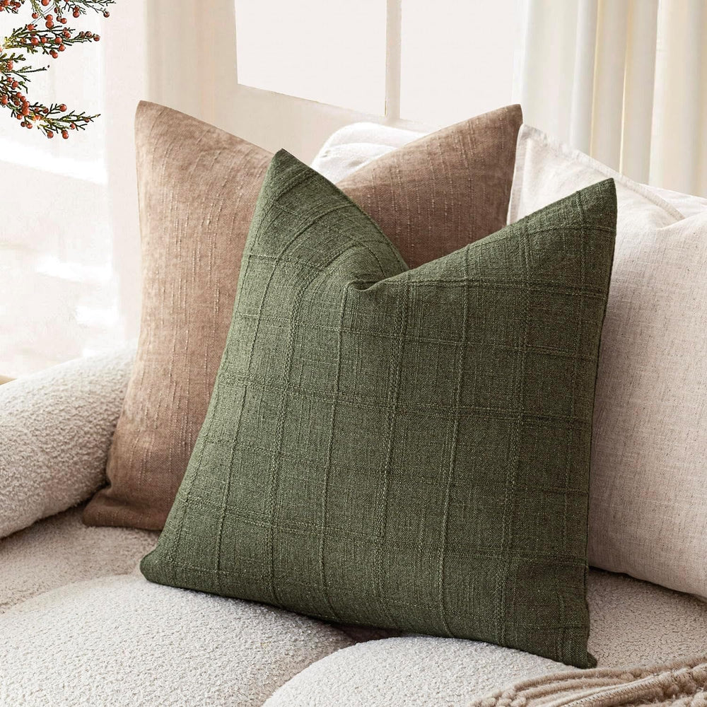 Foindtower Boho Linen Check Decorative Throw Pillow Cover 24×24 Olive Green