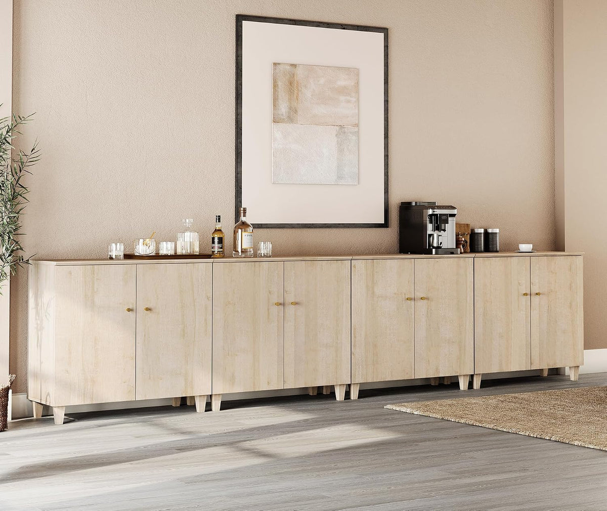 WAMPAT Sideboards Buffet Storage Cabinets, 8-Door Credenza Table, Light Oak