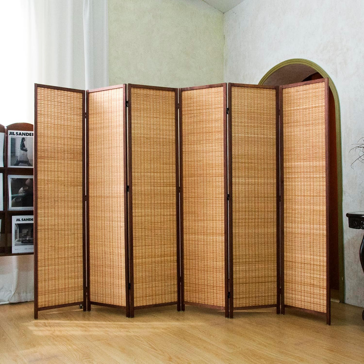 6 Panel Bamboo Room Divider Screen,5.6 FT Tall Bamboo Divider Folding Panel Screen,Freestanding Panel Divider for Room Seperation,Brown