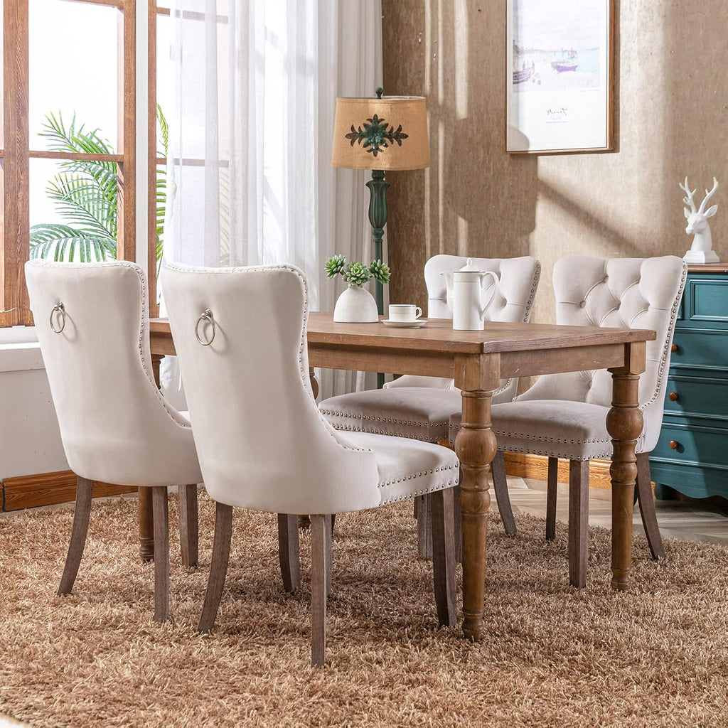 beige velvet dining chairs set of 2, tufted shown in use
