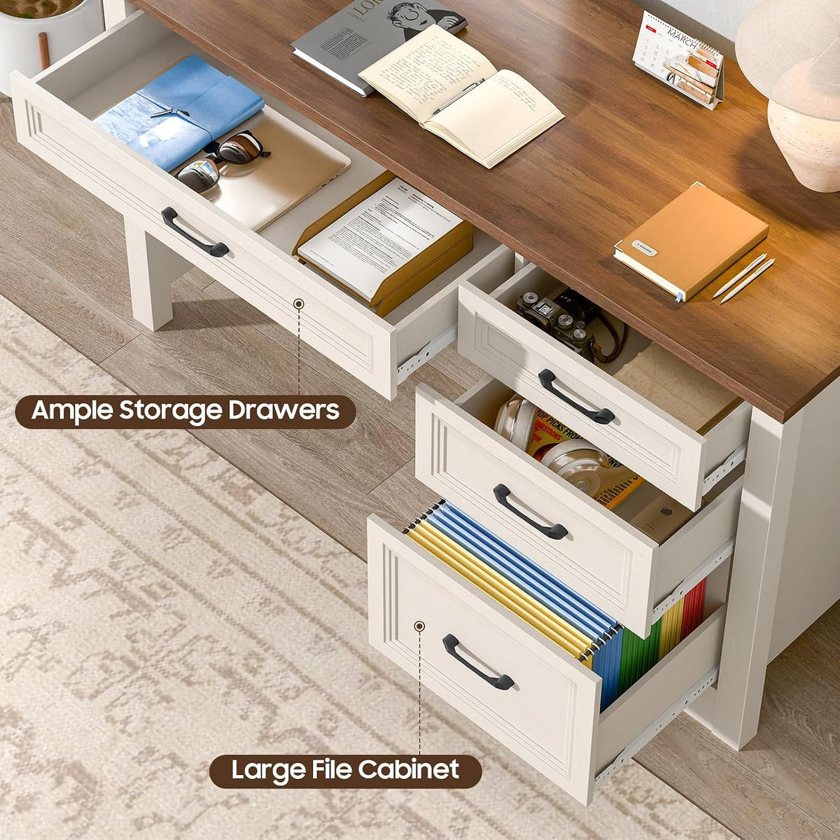 Vabches Farmhouse Executive Desk with Storage and Ample File Drawer, Rustic Large Home Writing Desk for Bedroom, White