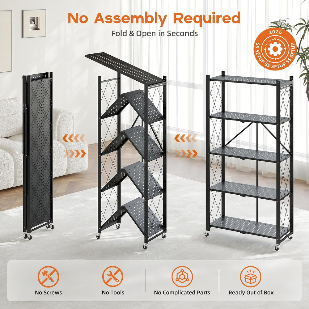 Fenbeli 5-Tier Foldable Metal Storage Shelf with Wheels, 750 lb Capacity