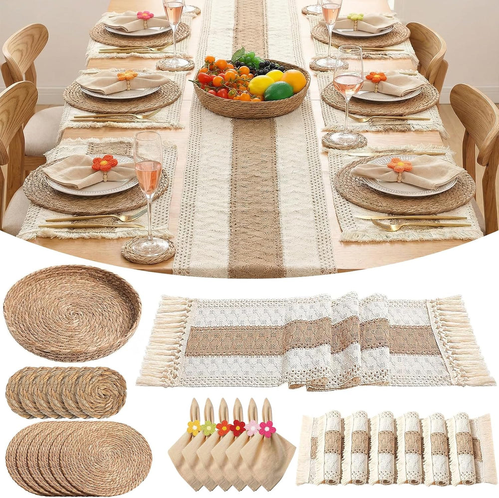 Boho Placemats Set of 6, 32-Piece Table Decor, Farmhouse Rustic Style